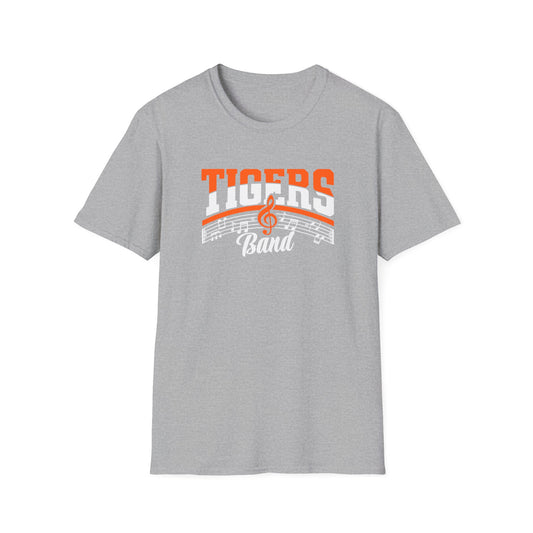 Tigers Band T-Shirt — Orange & White Music Note Tee for Band Students and Fans